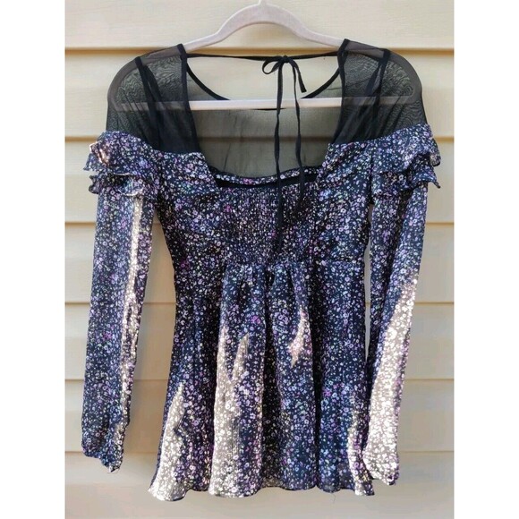 Free People Black Purple Floral Smocked Ruffle Sheer Tie Neck Top Blouse Size 2 - Picture 5 of 12
